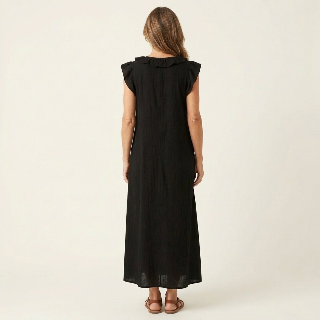 Monica | Maxi Dress in Linen Blend with Ruffles and V-Neck
