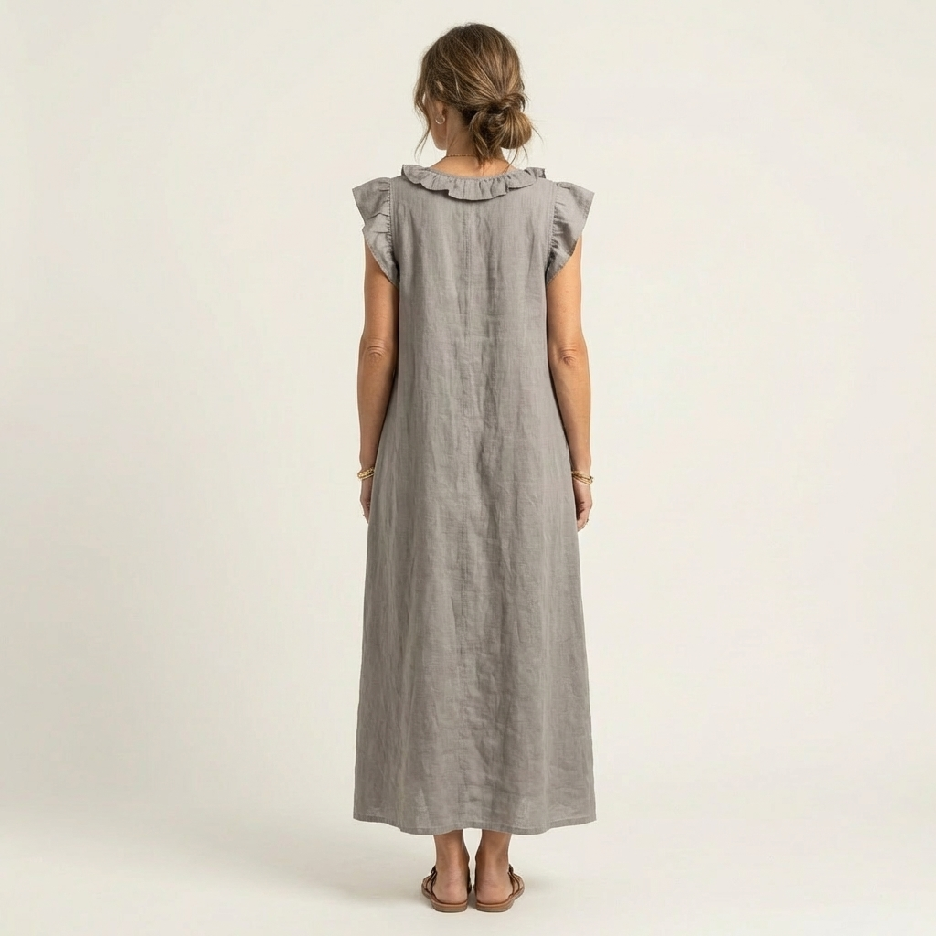 Monica | Maxi Dress in Linen Blend with Ruffles and V-Neck