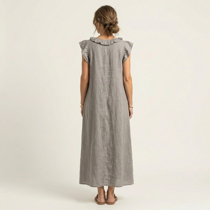 Monica | Maxi Dress in Linen Blend with Ruffles and V-Neck