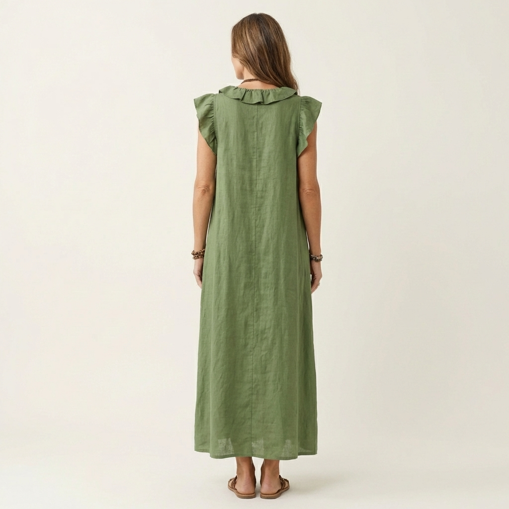 Monica | Maxi Dress in Linen Blend with Ruffles and V-Neck
