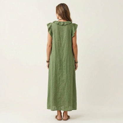 Monica | Maxi Dress in Linen Blend with Ruffles and V-Neck