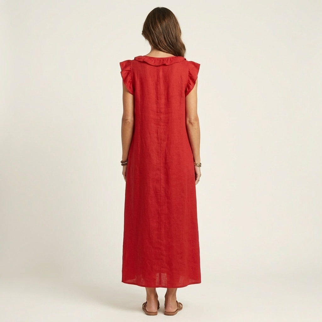 Monica | Maxi Dress in Linen Blend with Ruffles and V-Neck