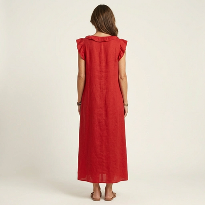 Monica | Maxi Dress in Linen Blend with Ruffles and V-Neck