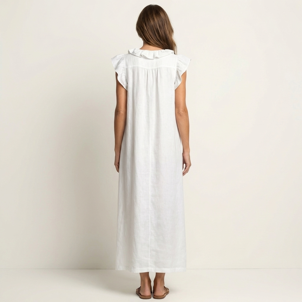 Monica | Maxi Dress in Linen Blend with Ruffles and V-Neck