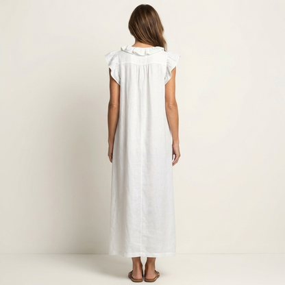 Monica | Maxi Dress in Linen Blend with Ruffles and V-Neck