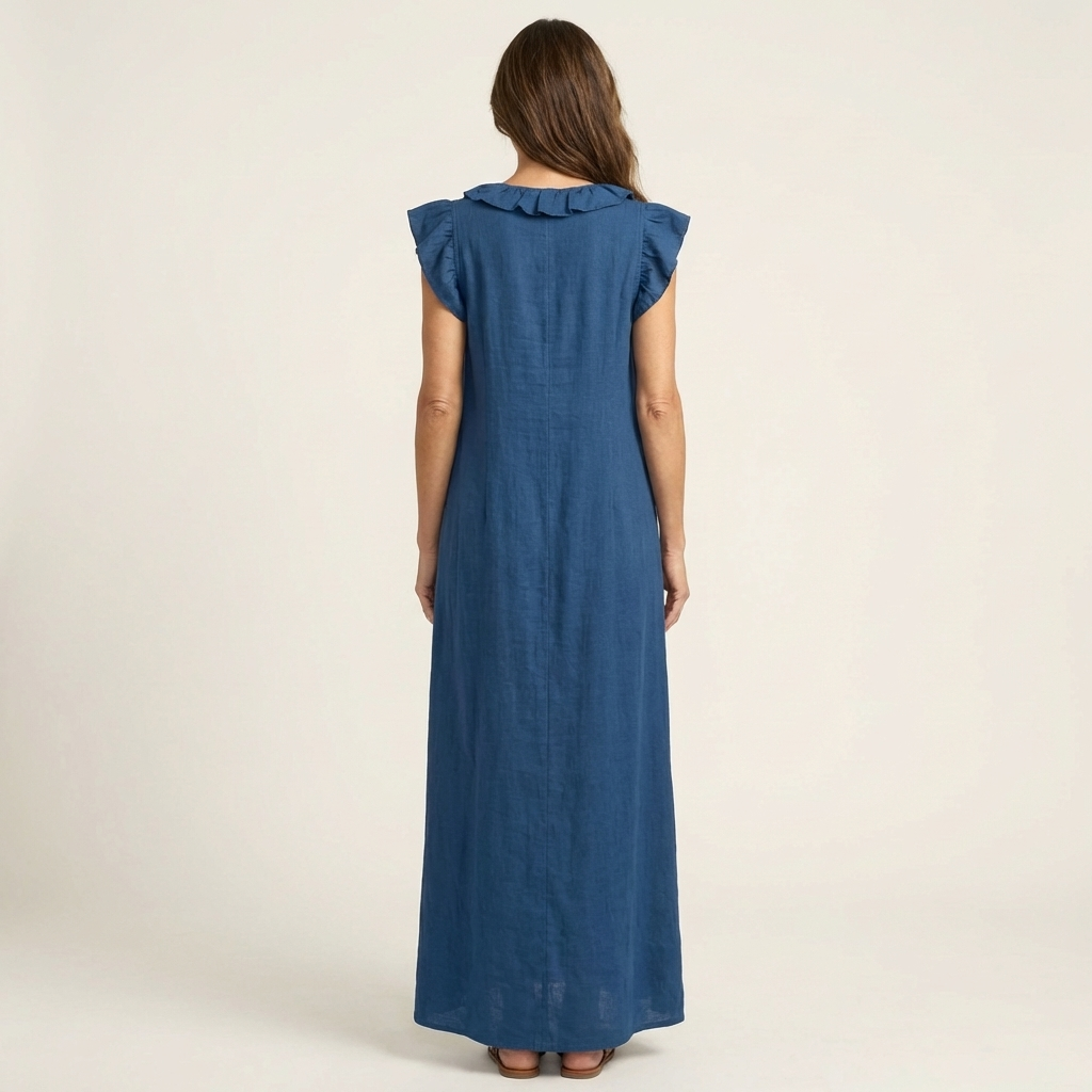 Monica | Maxi Dress in Linen Blend with Ruffles and V-Neck