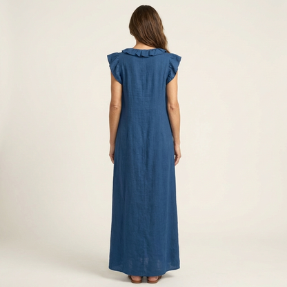 Monica | Maxi Dress in Linen Blend with Ruffles and V-Neck