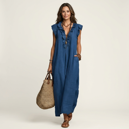 Monica | Maxi Dress in Linen Blend with Ruffles and V-Neck