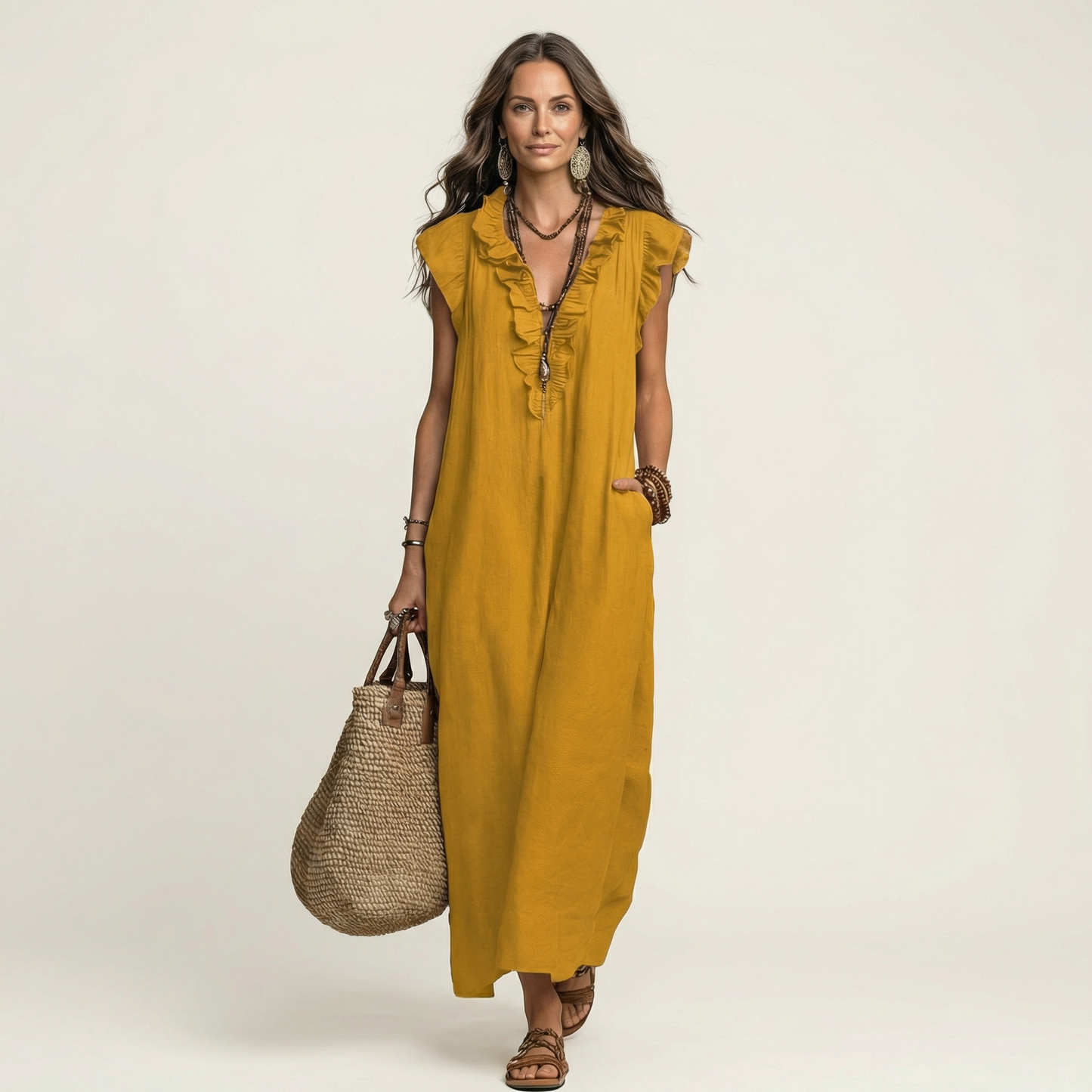 Monica | Maxi Dress in Linen Blend with Ruffles and V-Neck