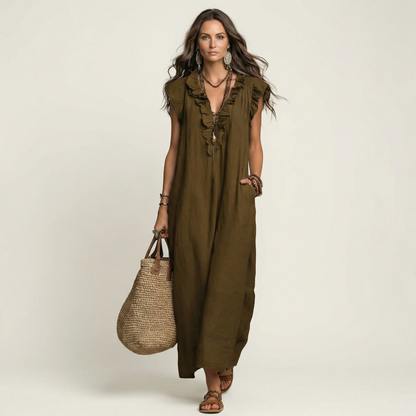 Monica | Maxi Dress in Linen Blend with Ruffles and V-Neck