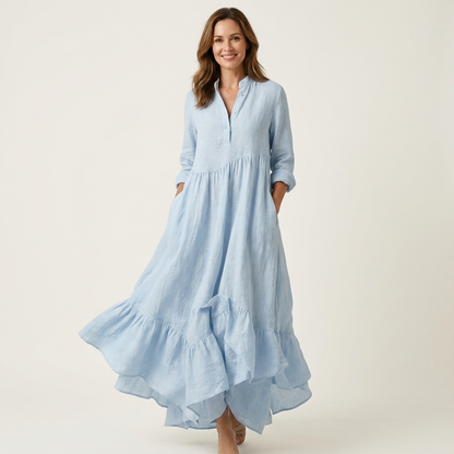 Women's Stand Collar Button-Front Maxi Dress - image 3