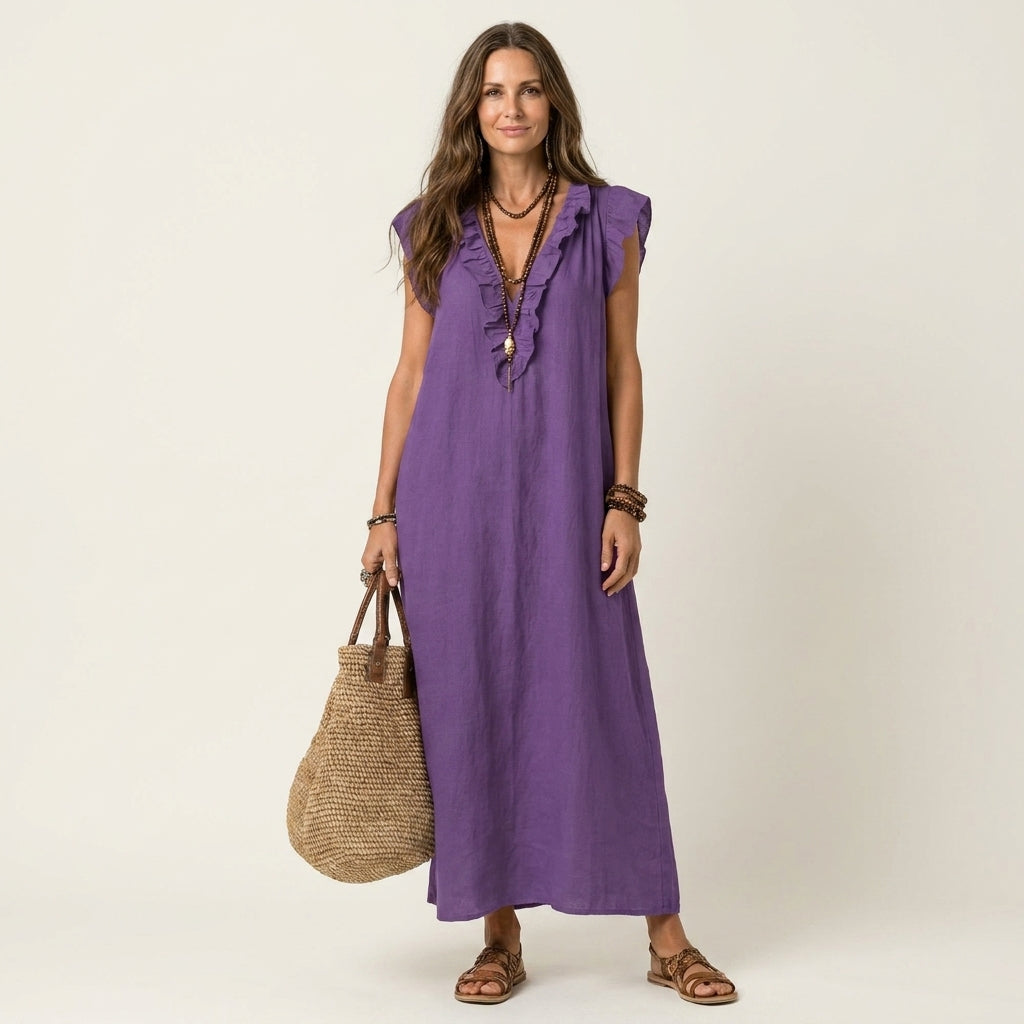 Monica | Maxi Dress in Linen Blend with Ruffles and V-Neck