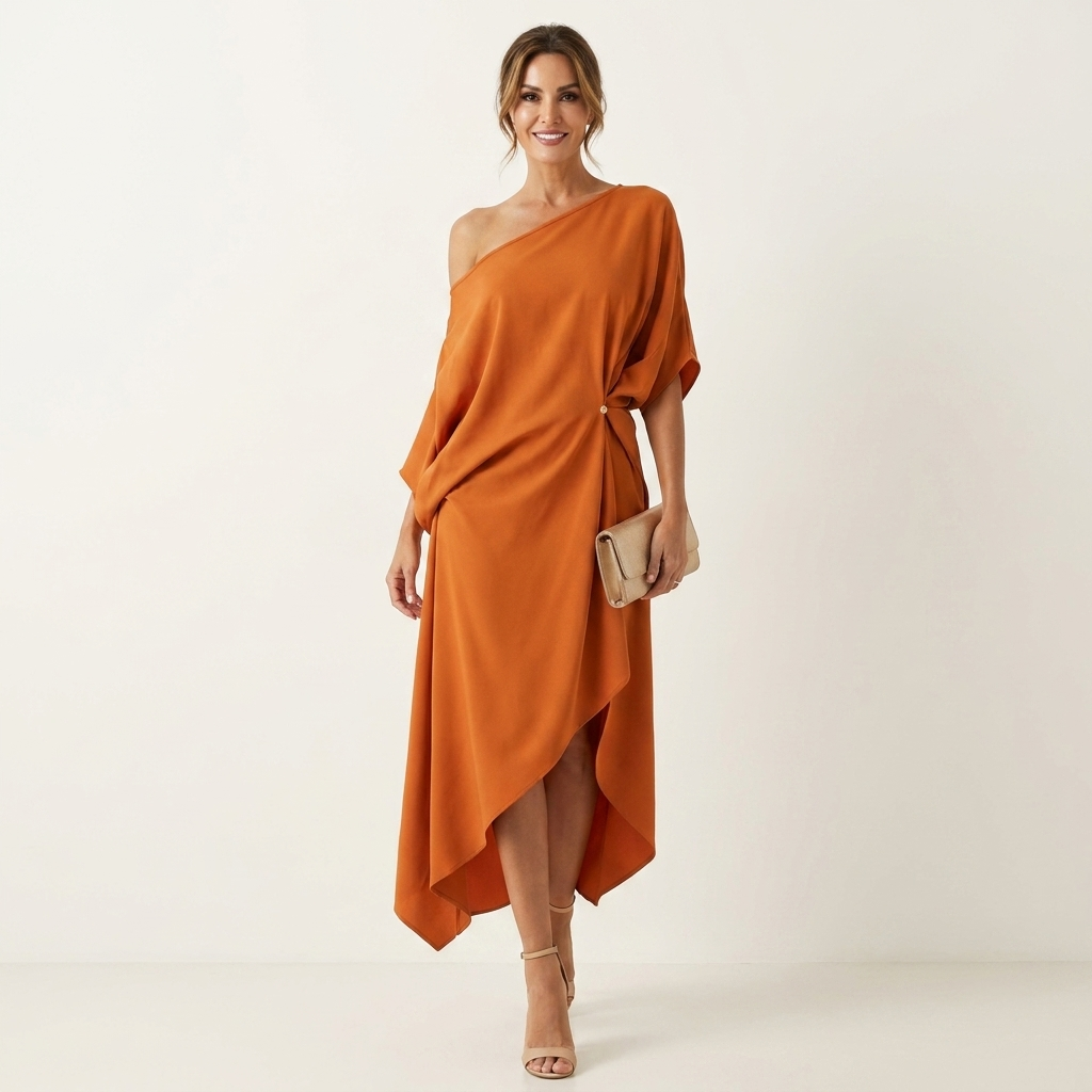 Tamara | Asymmetrical Draped Midi Dress with One Shoulder
