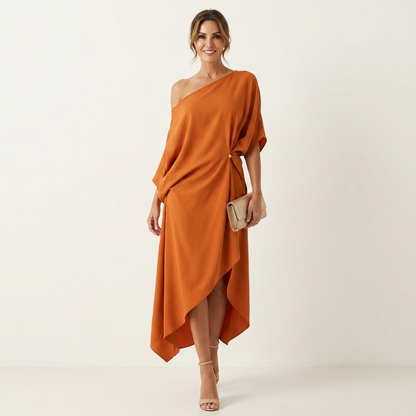Tamara | Asymmetrical Draped Midi Dress with One Shoulder