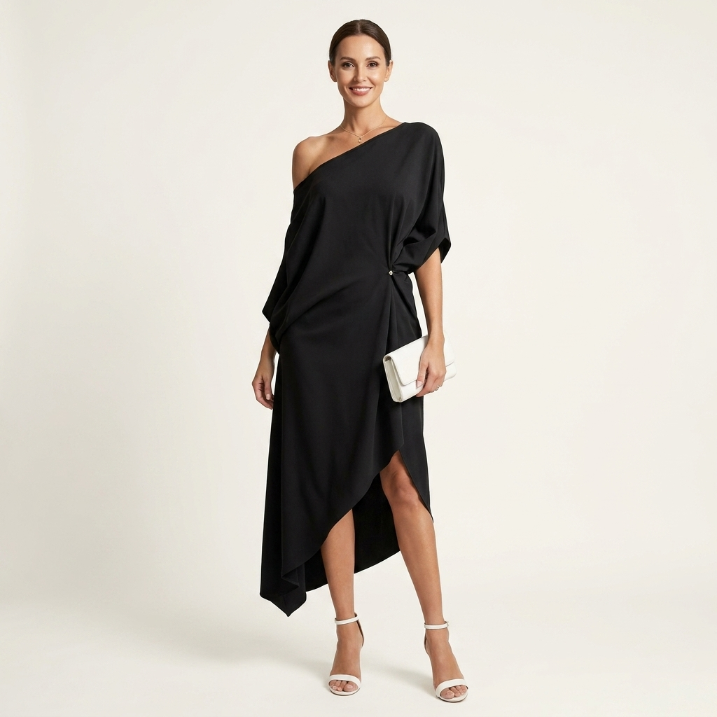 Tamara | Asymmetrical Draped Midi Dress with One Shoulder