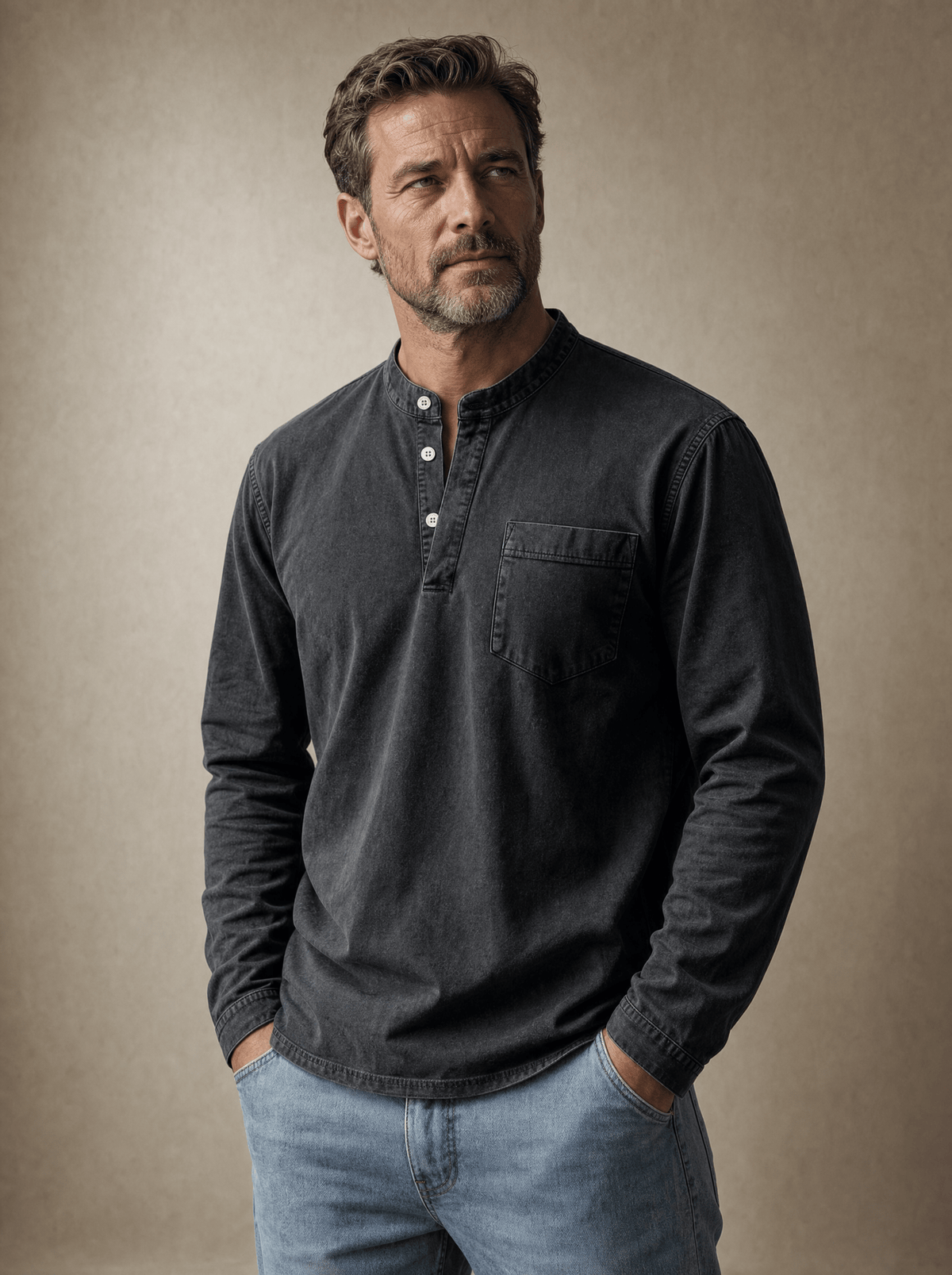 Men's Long Sleeve Henley Top with Stand Collar - image 1