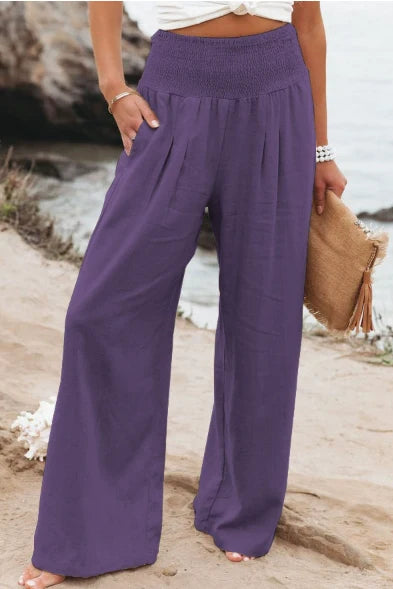 Women's High Waist Linen Look Trousers with Elastic Waist - image 8