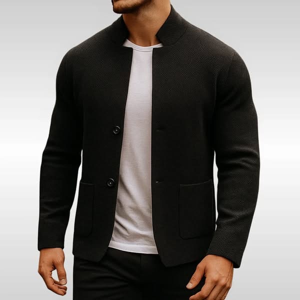 Men's Textured Knit Blazer with Mandarin Collar - image 4
