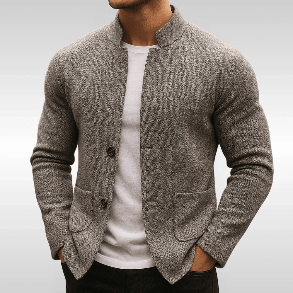 Men's Textured Knit Blazer with Mandarin Collar - image 2