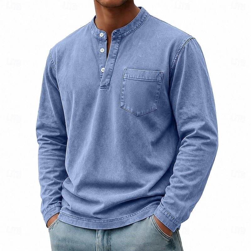 Men's Long Sleeve Henley Top with Stand Collar - image 8