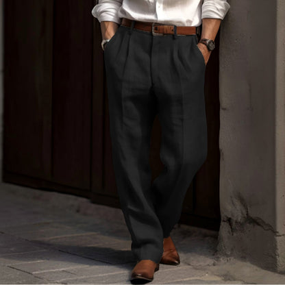 Men's Pleated Linen Look Trousers with Elastic Waist and Button Closure - image 4