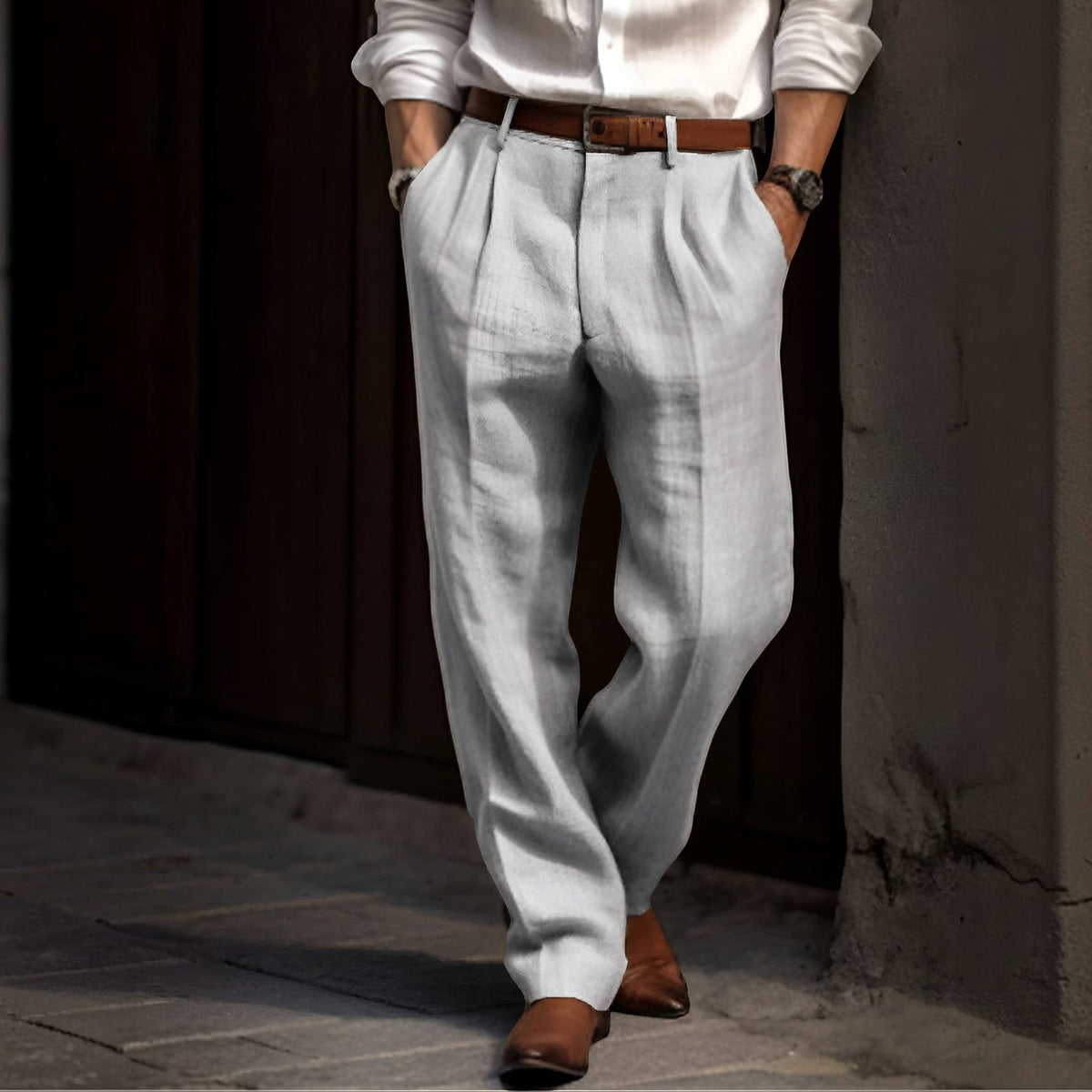 Men's Pleated Linen Look Trousers with Elastic Waist and Button Closure - image 2