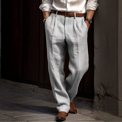 Men's Pleated Linen Look Trousers with Elastic Waist and Button Closure - image 2