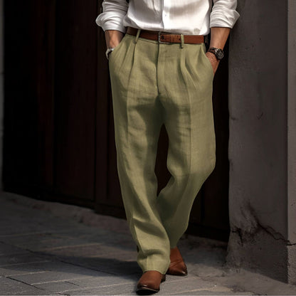 Men's Pleated Linen Look Trousers with Elastic Waist and Button Closure - image 5