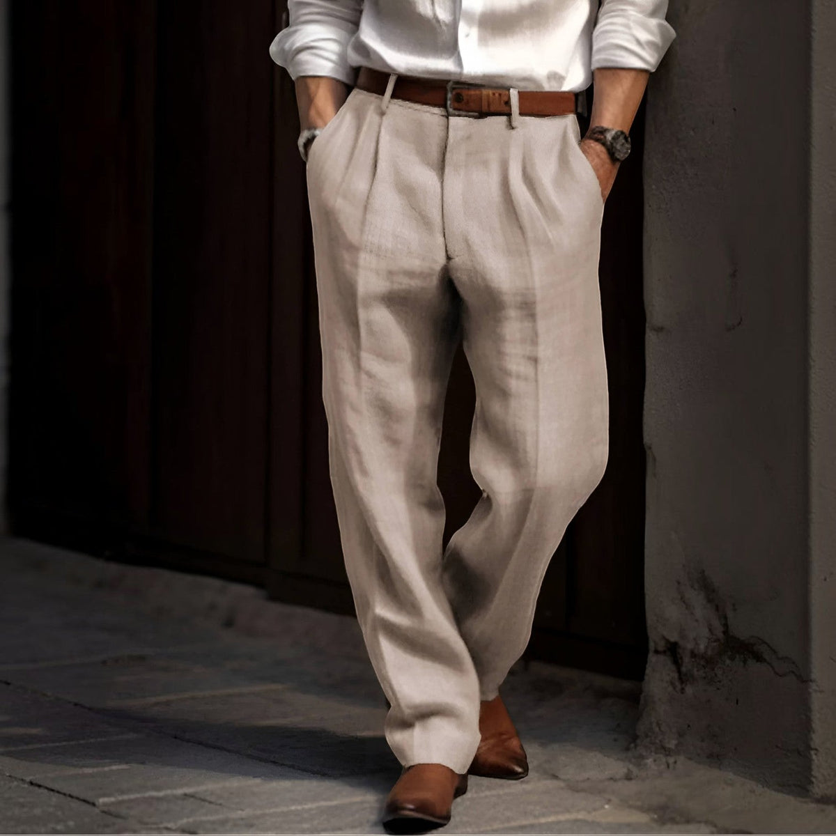 Men's Pleated Linen Look Trousers with Elastic Waist and Button Closure - image 1