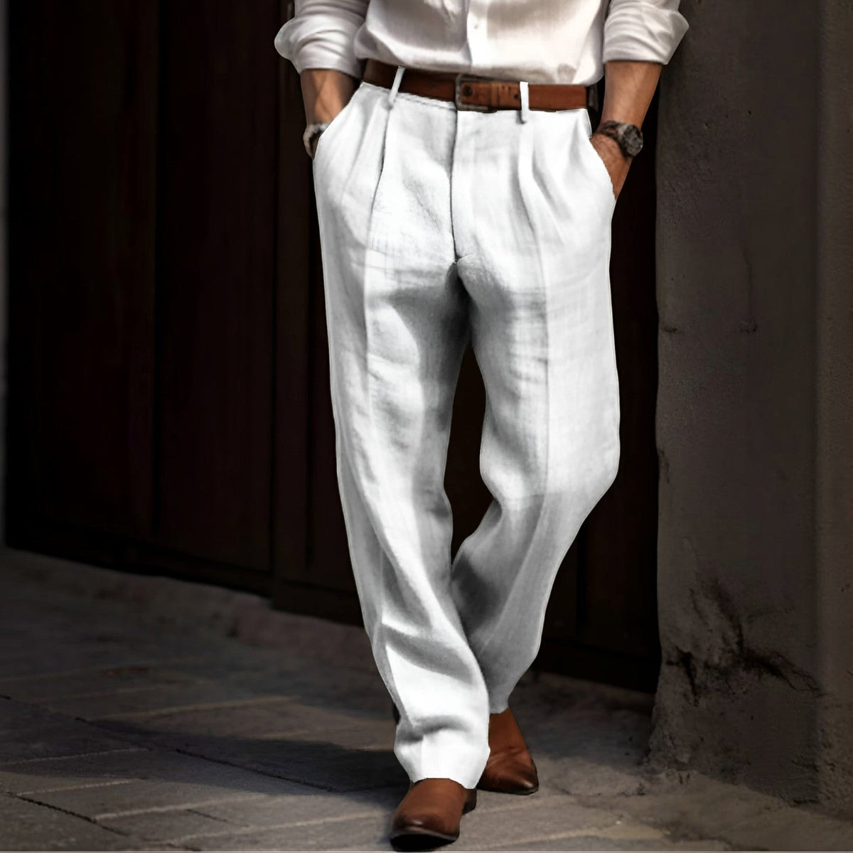 Men's Pleated Linen Look Trousers with Elastic Waist and Button Closure - image 3