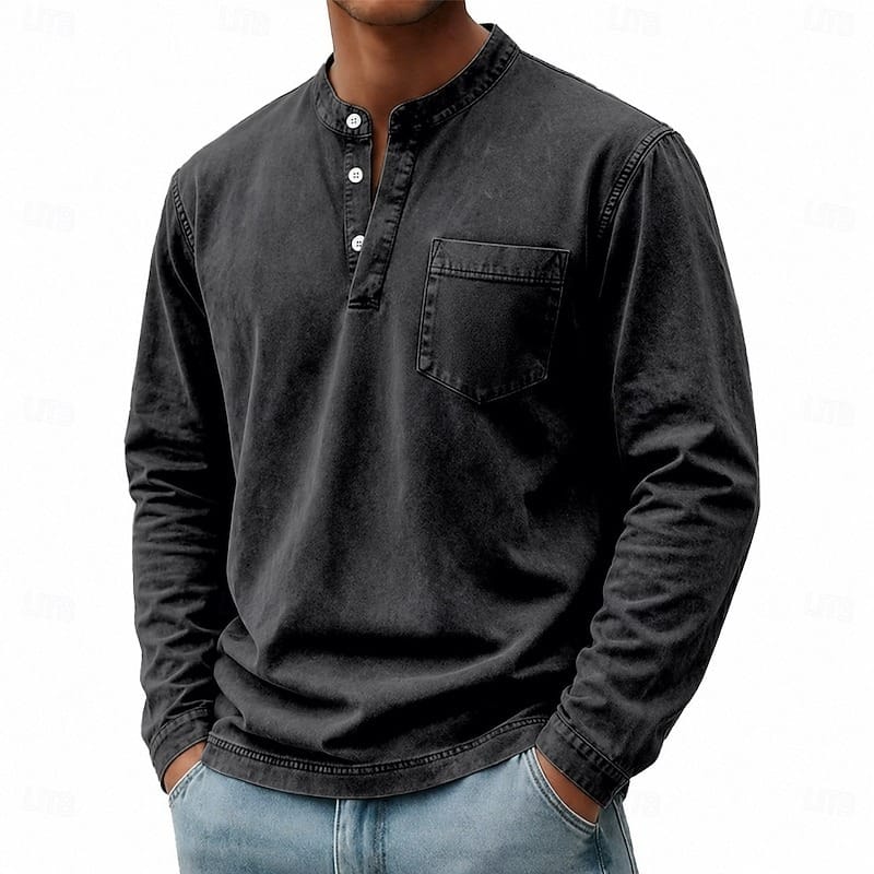 Men's Long Sleeve Henley Top with Stand Collar - image 3