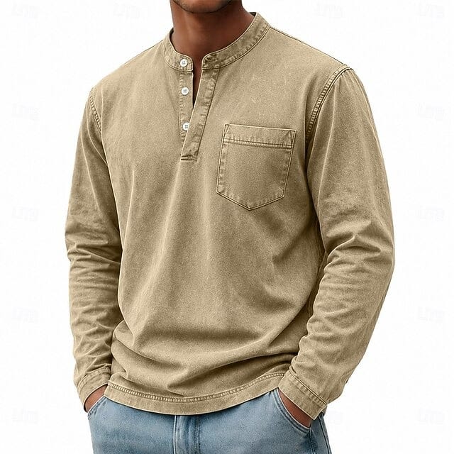 Men's Long Sleeve Henley Top with Stand Collar - image 4