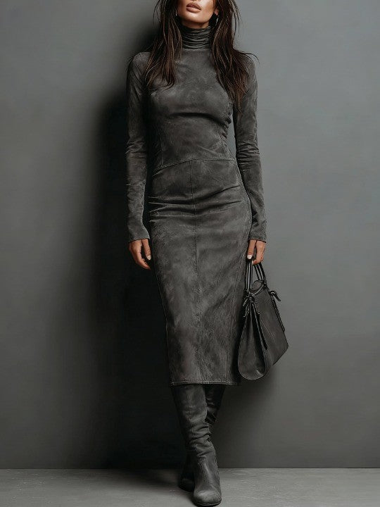 Women's Suede Look Maxi Dress with High Neck and Lace Slit - image 2