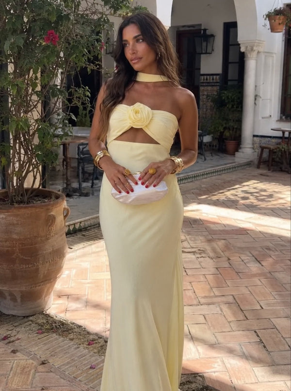 Silvia™ | Maxi Halter Dress with Rose Corsage
