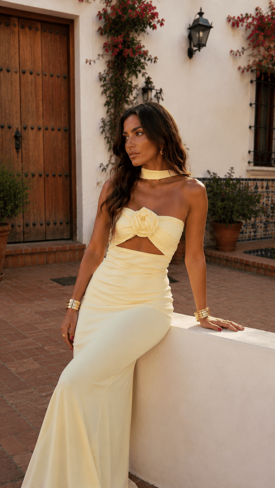 Silvia™ | Maxi Halter Dress with Rose Corsage