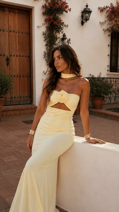Silvia™ | Maxi Halter Dress with Rose Corsage