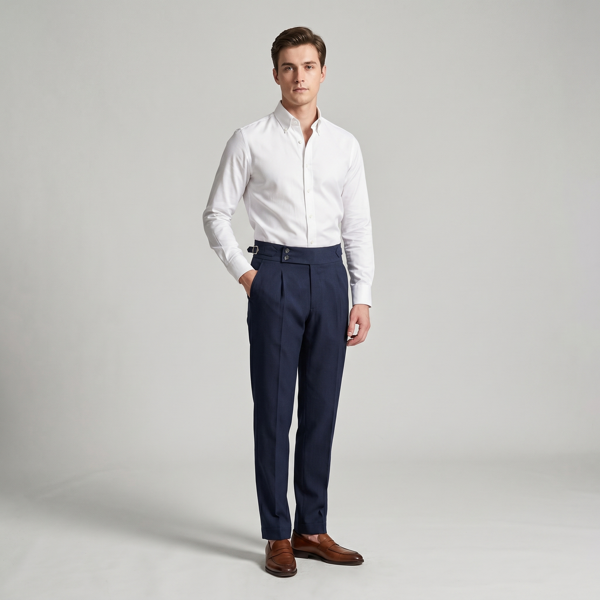 Men's Double Pleat High Waist Trousers with Side Adjusters and Tapered Leg - image 2