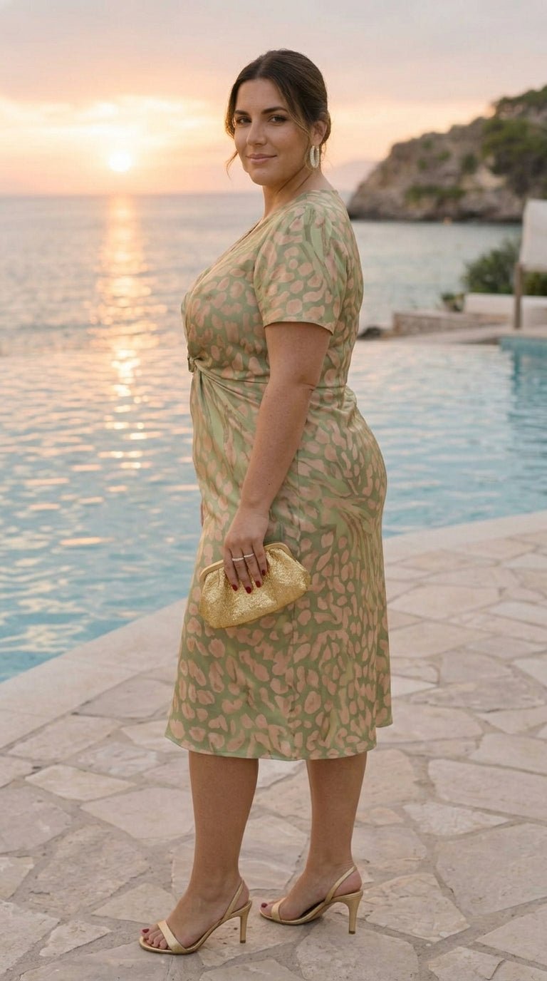 Beatriz™ | Midi Dress with Slimming Effect, Central Button, and Flowing Drape