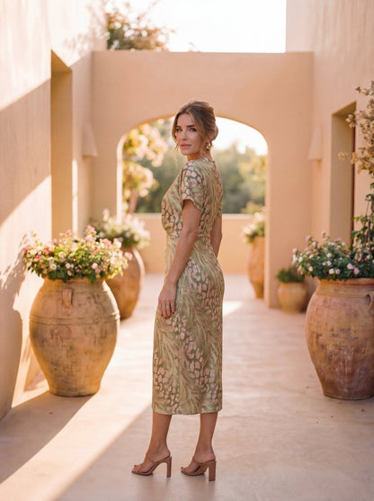 Beatriz™ | Midi Dress with Slimming Effect, Central Button, and Flowing Drape