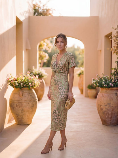 Beatriz™ | Midi Dress with Slimming Effect, Central Button, and Flowing Drape