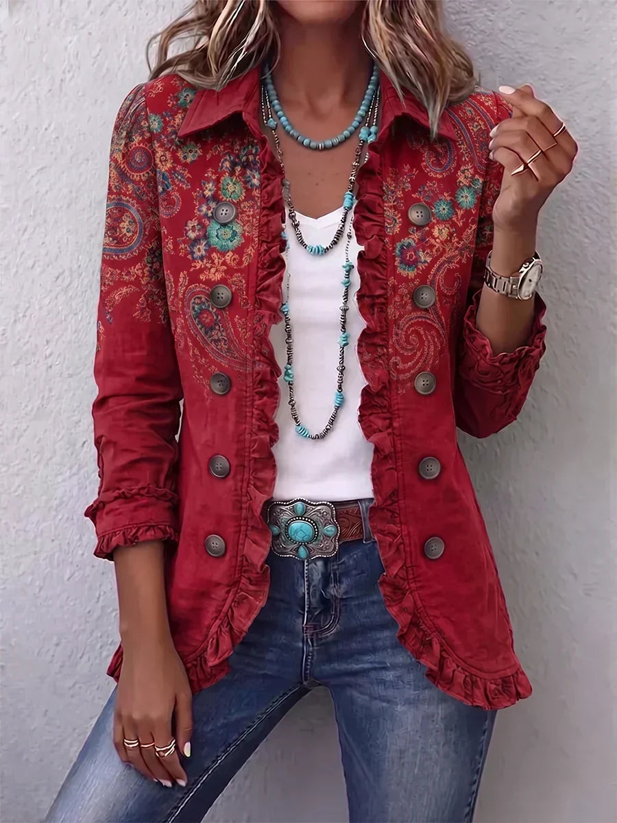 Women's Floral Embroidered Ruffle Trim Jacket - image 3