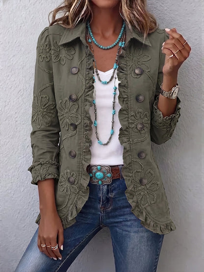 Kamberly™ | Boho-Chic Floral Utility Ruffled Trim Jacket