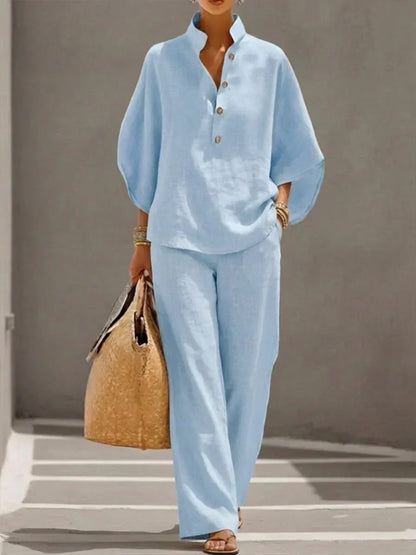 Maribel™ | Linen Co-ord with Batwing Sleeves and Wide Trousers