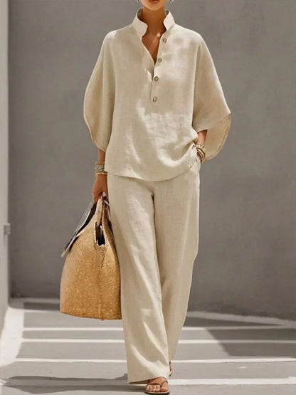 Maribel™ | Linen Co-ord with Batwing Sleeves and Wide Trousers