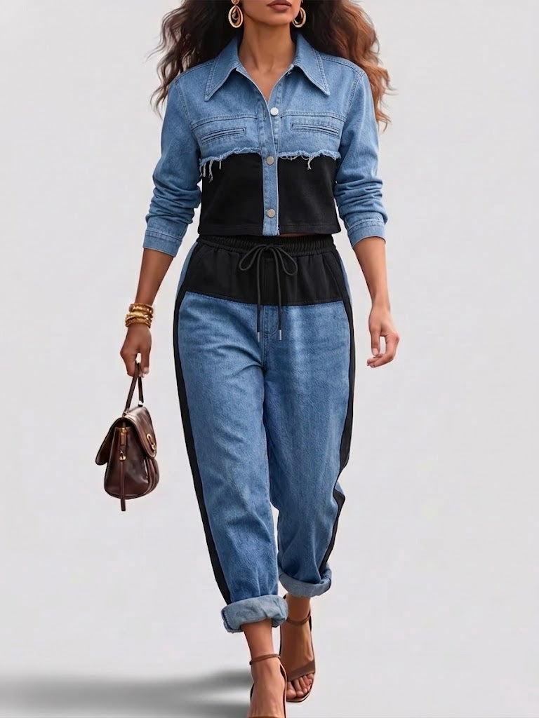 Holbrook™ | Colour-Block Cropped Jacket & Wide-Leg Trousers Set