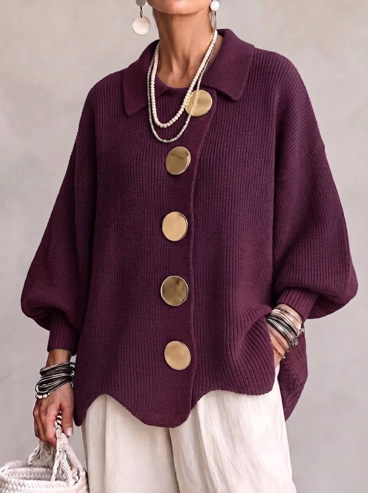 Women's Oversized Chunky Knit Cardigan with Collar - image 4