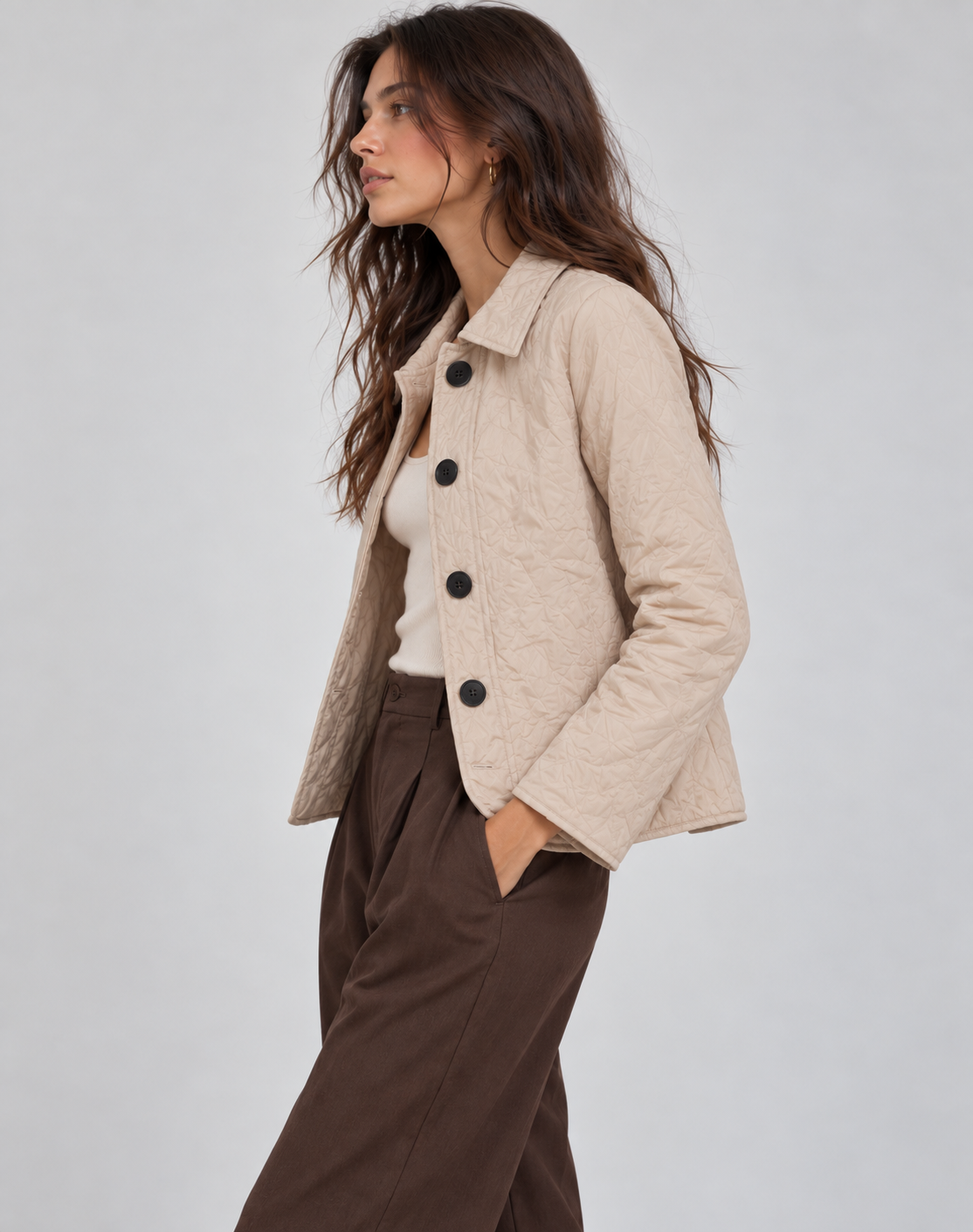 Women's Quilted Jacket with Collar and Button Fastening - image 3