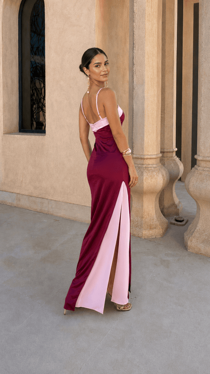 Teresa™ | Satin Long Dress with Crossover Neckline