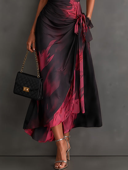 Rosanna | Midi dress with abstract print, V-neck, short sleeves, belt and asymmetric hem with frill.