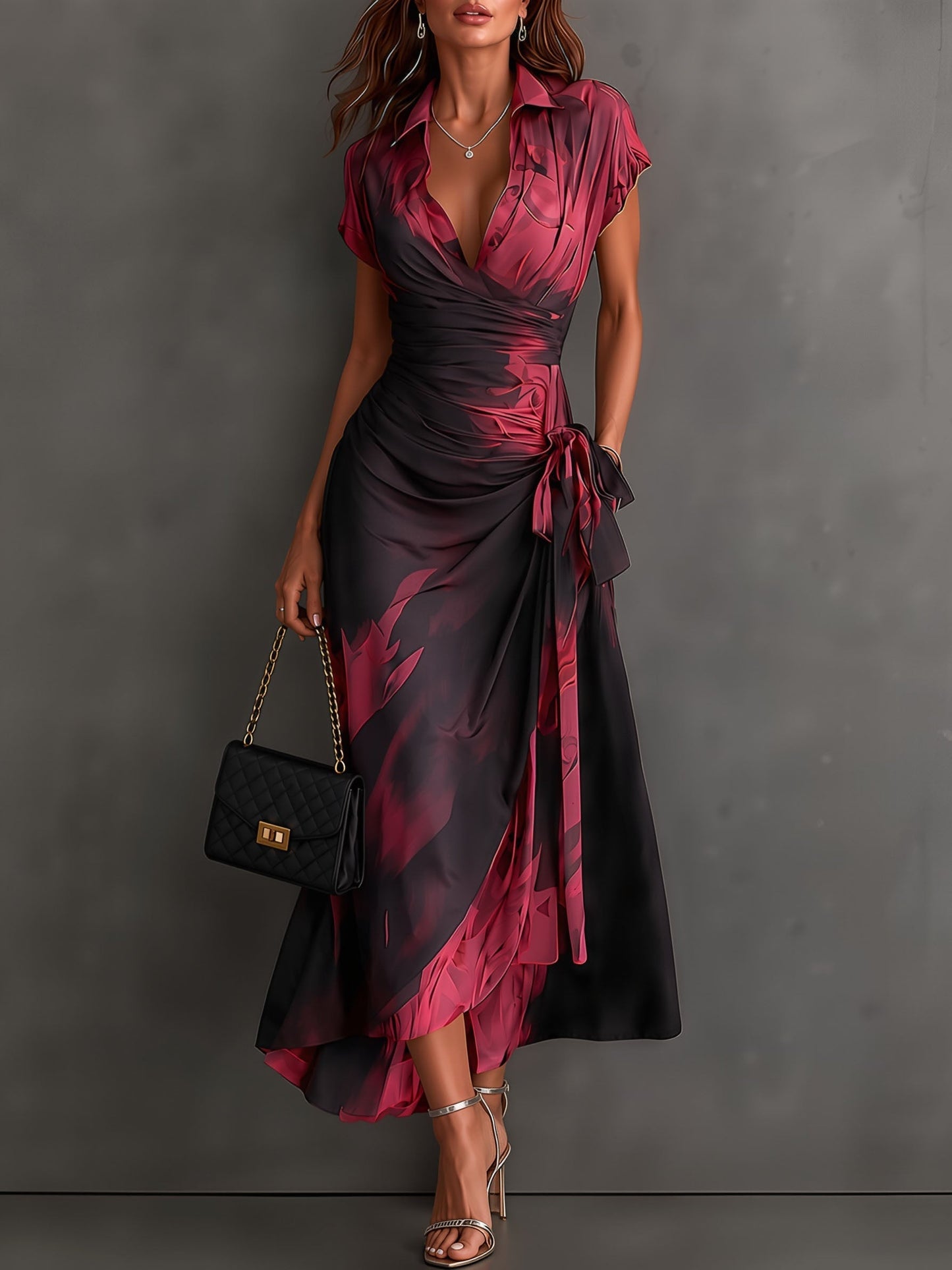 Rosanna | Midi dress with abstract print, V-neck, short sleeves, belt and asymmetric hem with frill.